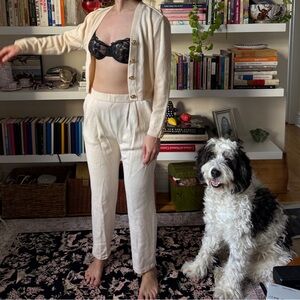 St. John Cream Button-Up Cardigan and Pants Set